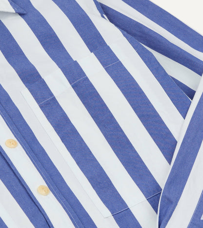 Drake's Blue and White Awning Stripe Cotton Long Point Collar Shirt