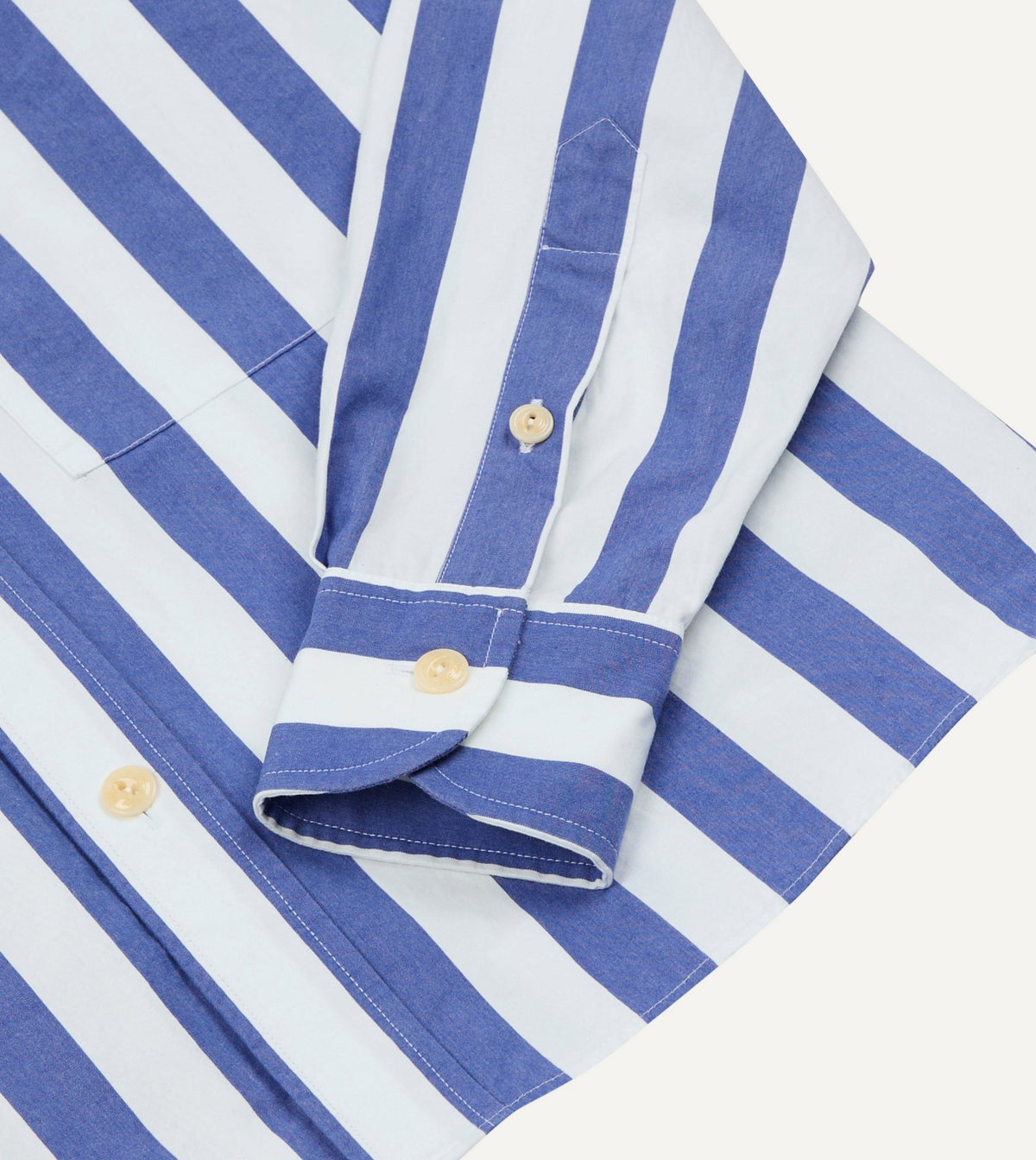 Drake's Blue and White Awning Stripe Cotton Long Point Collar Shirt