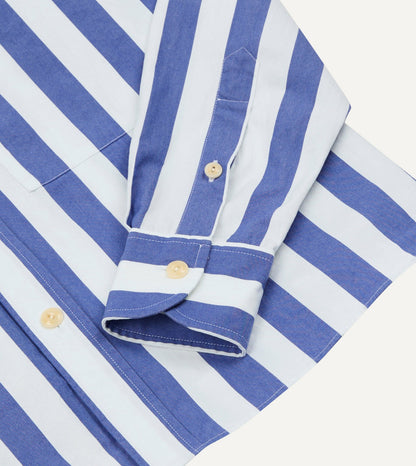 Drake's Blue and White Awning Stripe Cotton Long Point Collar Shirt