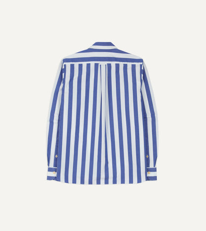 Drake's Blue and White Awning Stripe Cotton Long Point Collar Shirt