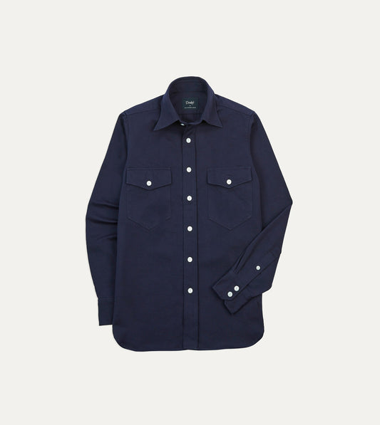 Drake's Navy Cotton Twill Two-Pocket Work Shirt