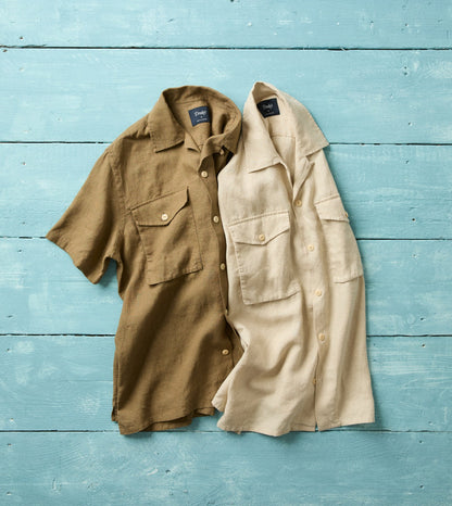 Drake's Ecru Linen Short Sleeve Camp Collar Military Shirt