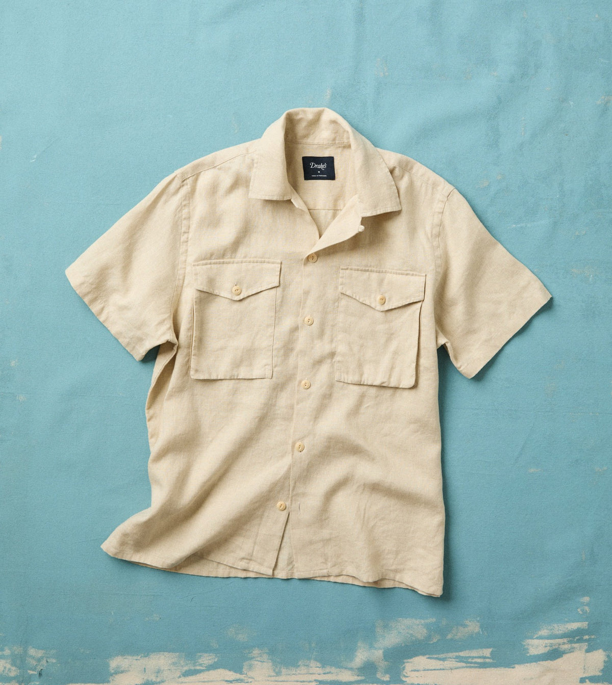 Drake's Ecru Linen Short Sleeve Camp Collar Military Shirt