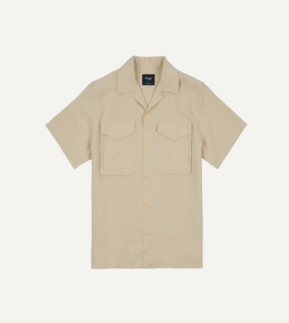Drake's Ecru Linen Short Sleeve Camp Collar Military Shirt