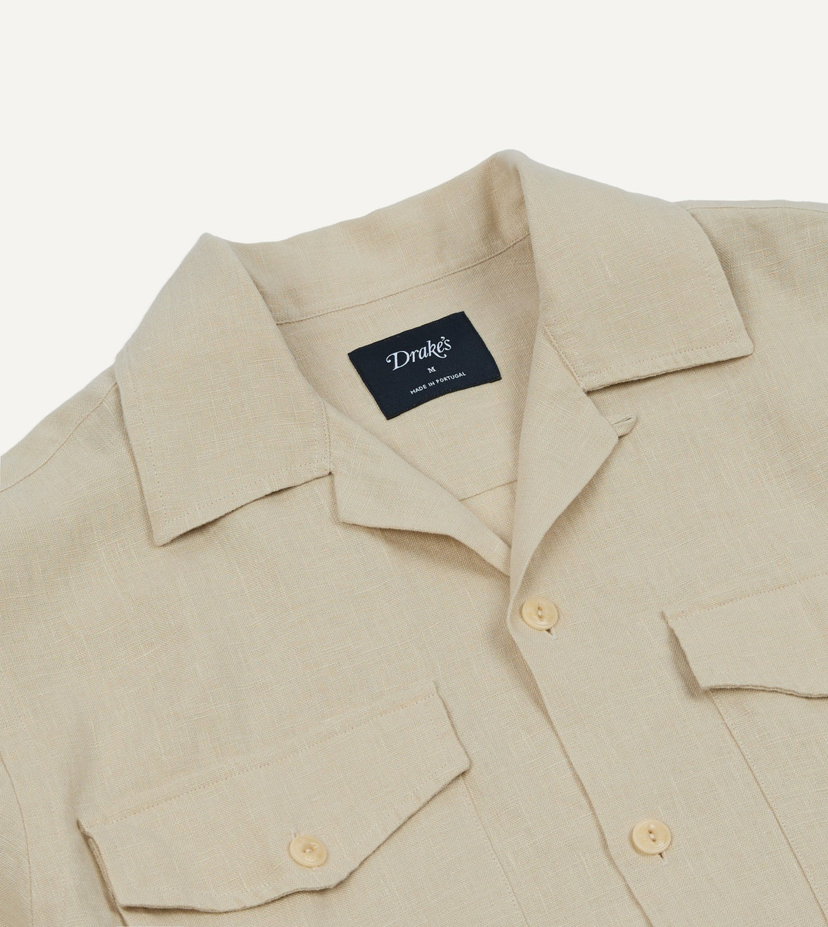 Drake's Ecru Linen Short Sleeve Camp Collar Military Shirt