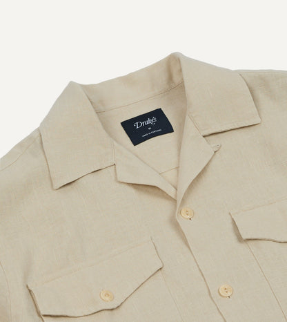 Drake's Ecru Linen Short Sleeve Camp Collar Military Shirt