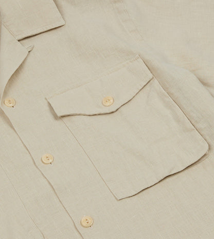 Drake's Ecru Linen Short Sleeve Camp Collar Military Shirt