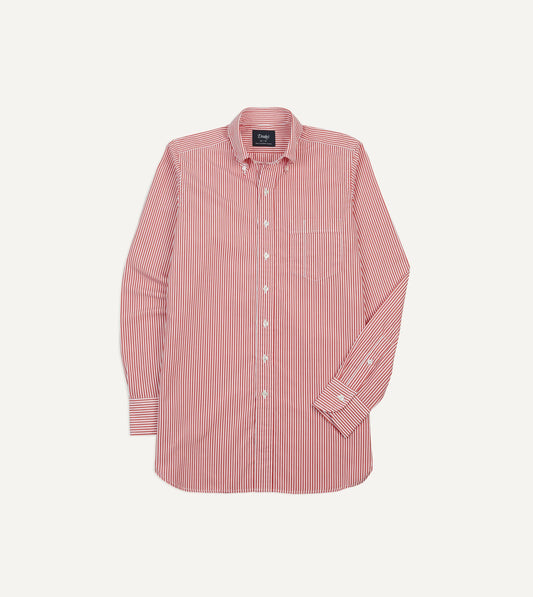 Drake's Red Narrow Stripe Cotton Poplin Button-Down Shirt