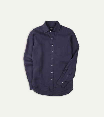 Drake's Washed Navy Linen Spread Collar Shirt
