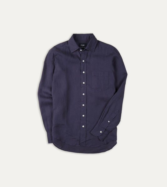Drake's Washed Navy Linen Spread Collar Shirt