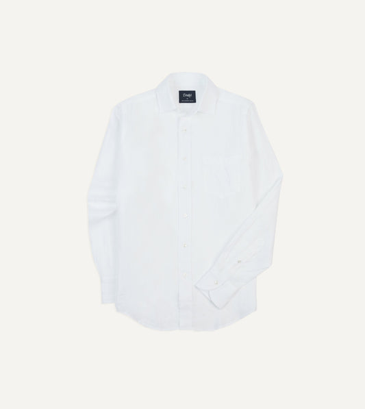 Drake's White Linen Spread Collar Shirt
