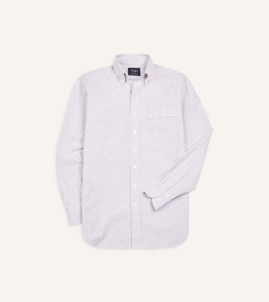 Drake's Lilac Ticking Stripe Cotton Oxford Cloth Button-Down Shirt