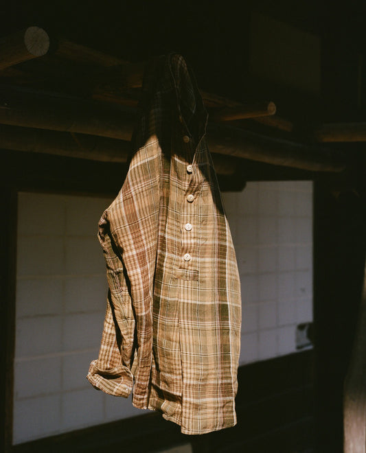 Drake's Brown Check Linen Mandarin Collar Popover Shirt