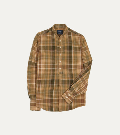 Drake's Brown Check Linen Mandarin Collar Popover Shirt