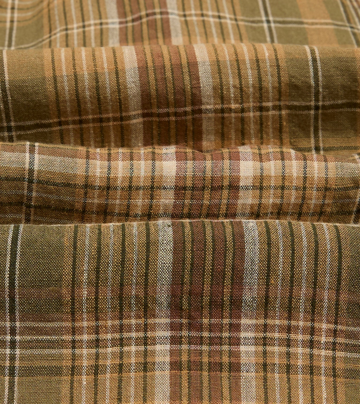 Drake's Brown Check Linen Mandarin Collar Popover Shirt