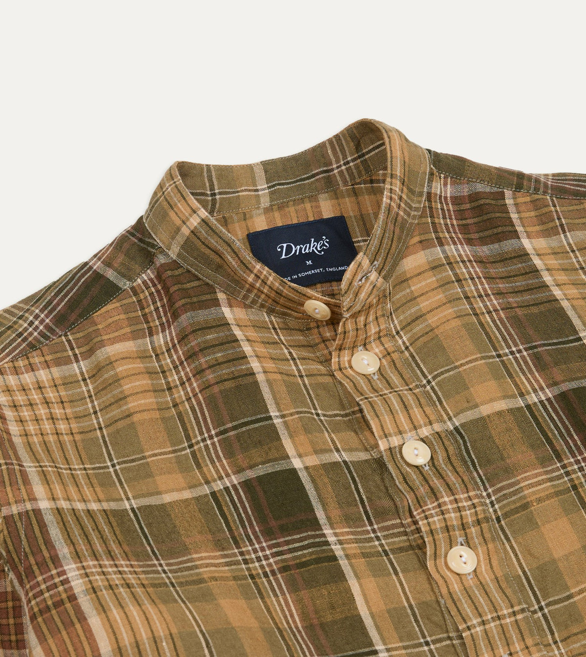 Drake's Brown Check Linen Mandarin Collar Popover Shirt