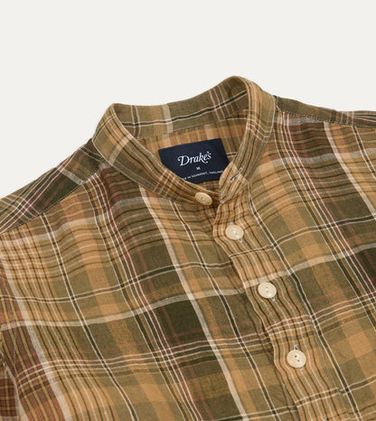 Drake's Brown Check Linen Mandarin Collar Popover Shirt
