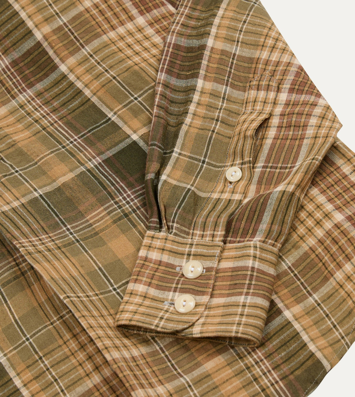 Drake's Brown Check Linen Mandarin Collar Popover Shirt