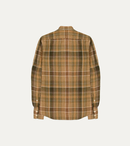 Drake's Brown Check Linen Mandarin Collar Popover Shirt