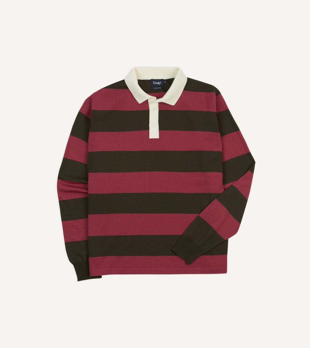 Drake's Pink and Olive Block Stripe Knitted Rugby Shirt