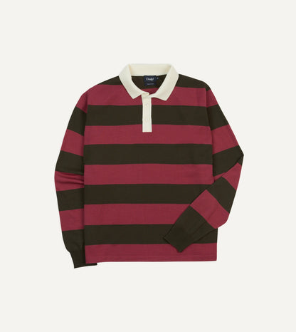 Drake's Pink and Olive Block Stripe Knitted Rugby Shirt