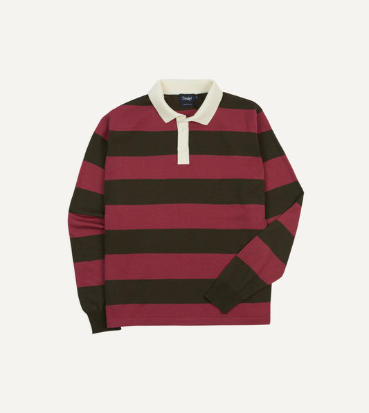 Drake's Pink and Olive Block Stripe Knitted Rugby Shirt