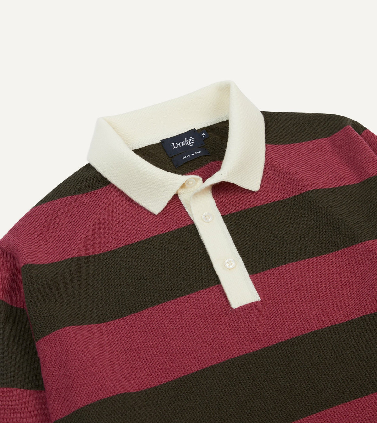Drake's Pink and Olive Block Stripe Knitted Rugby Shirt