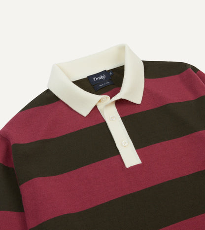 Drake's Pink and Olive Block Stripe Knitted Rugby Shirt