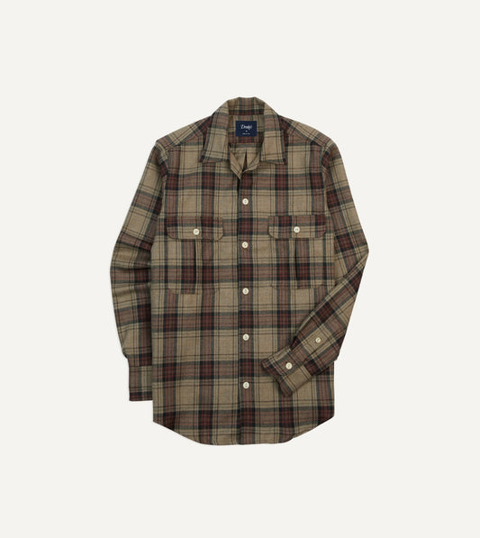 Drake's Brown Check Wool Two-Pocket Camp Collar Work Shirt