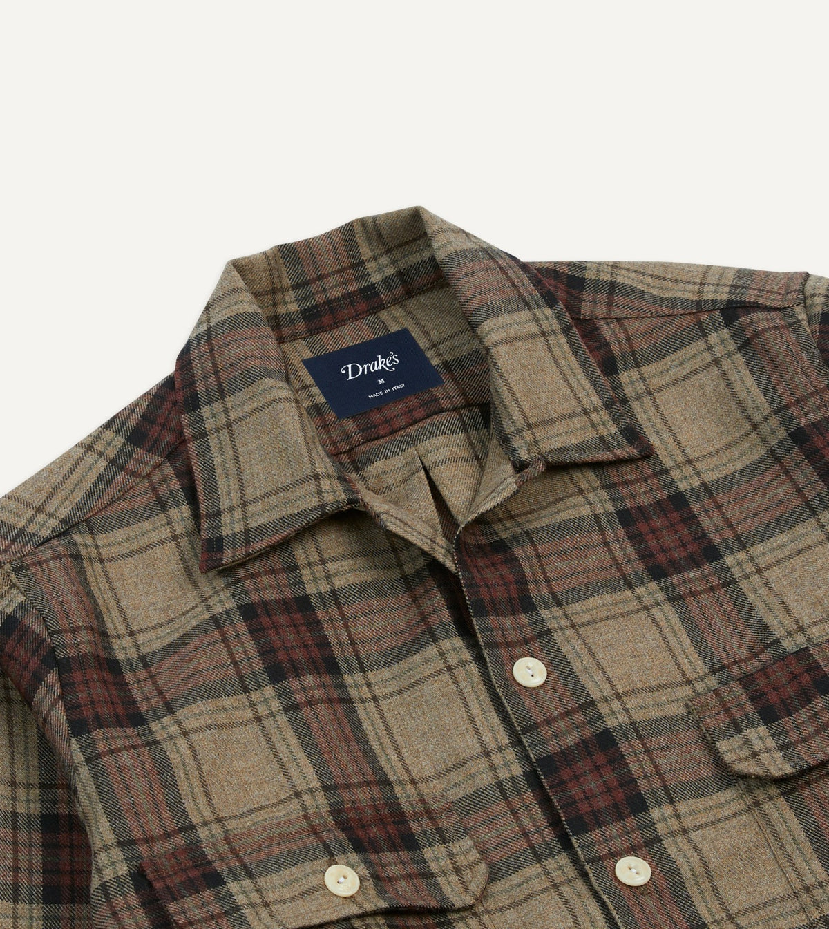 Drake's Brown Check Wool Two-Pocket Camp Collar Work Shirt