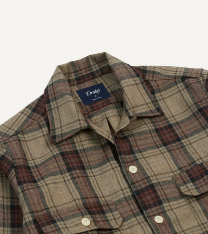 Drake's Brown Check Wool Two-Pocket Camp Collar Work Shirt