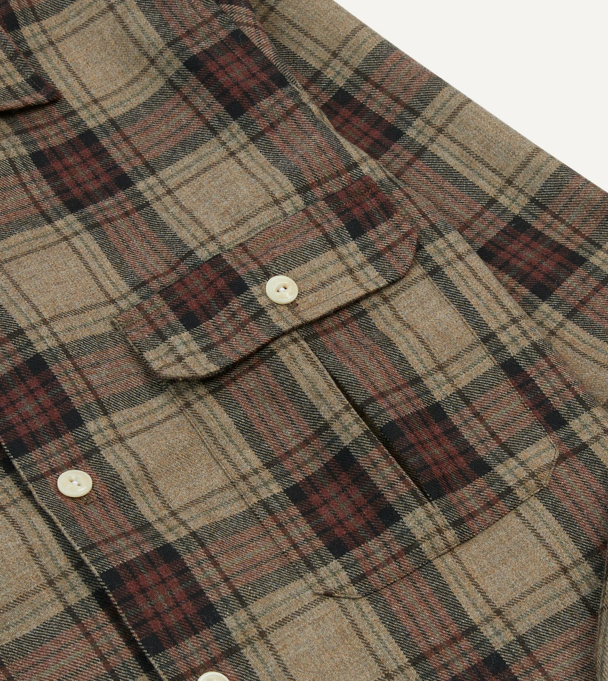 Drake's Brown Check Wool Two-Pocket Camp Collar Work Shirt