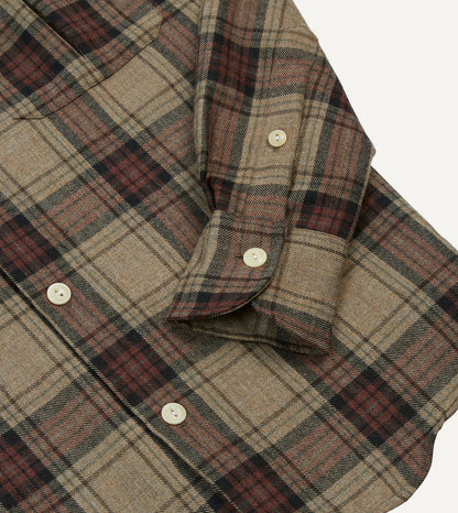 Drake's Brown Check Wool Two-Pocket Camp Collar Work Shirt