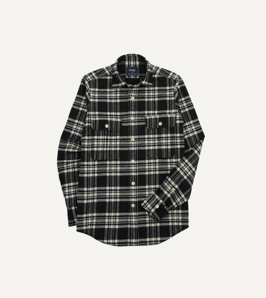 Drake's Black Check Cotton Two-Pocket Work Shirt