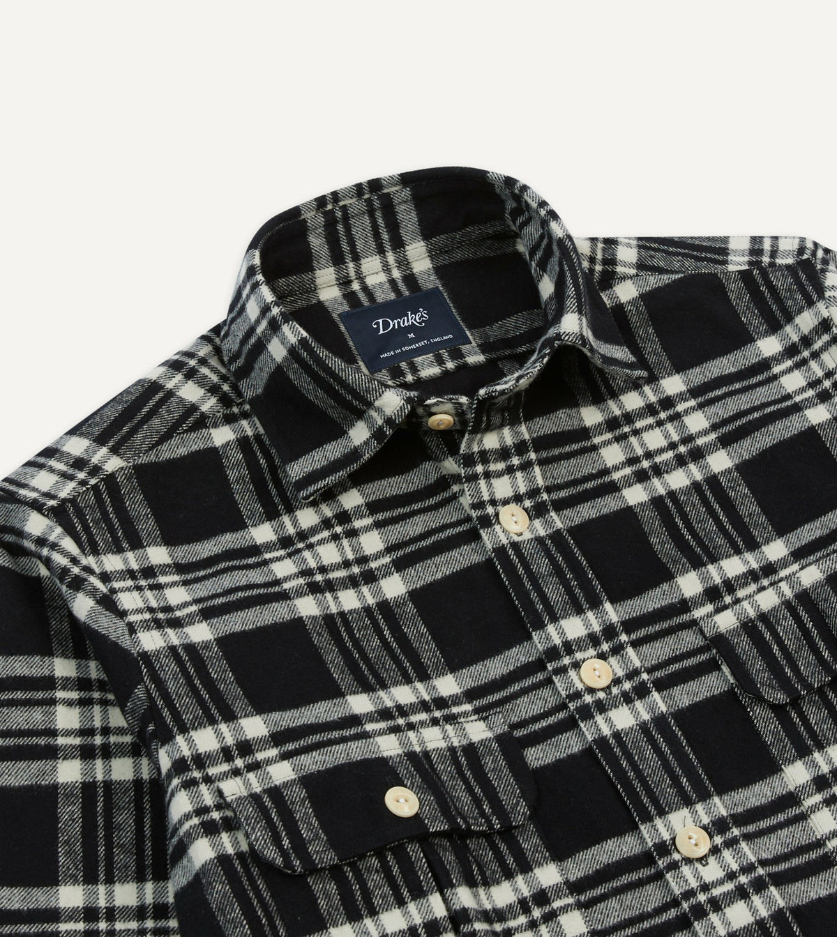 Drake's Black Check Cotton Two-Pocket Work Shirt