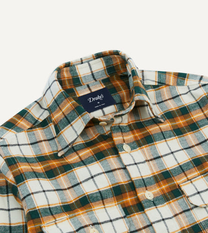 Drake's Ecru and Orange Check Cotton Two-Pocket Work Shirt