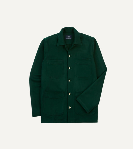 Drake's Green Wool Four-Pocket Camp Collar Work Shirt
