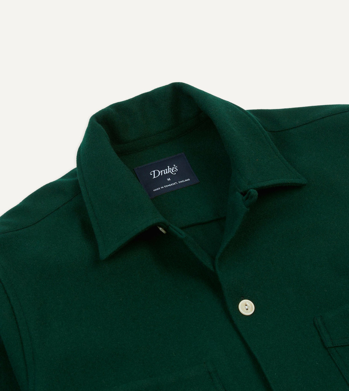 Drake's Green Wool Four-Pocket Camp Collar Work Shirt