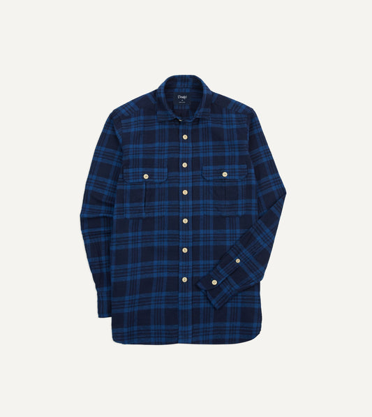 Drake's Navy Check Brushed Cotton Two-Pocket Work Shirt