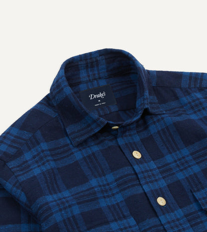 Drake's Navy Check Brushed Cotton Two-Pocket Work Shirt