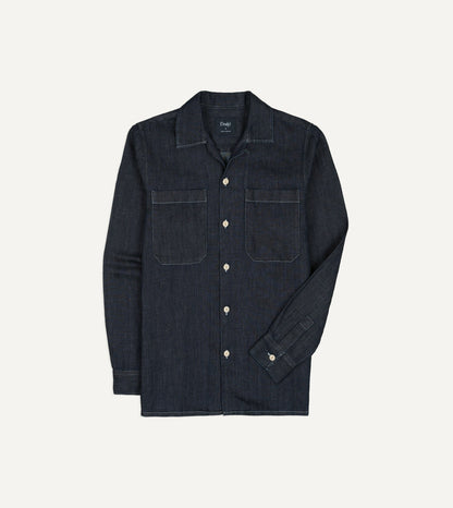 Drake's Navy Cotton-Hemp Denim Camp Collar Work Shirt