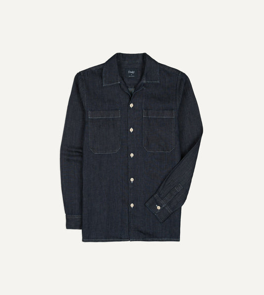 Drake's Navy Cotton-Hemp Denim Camp Collar Work Shirt