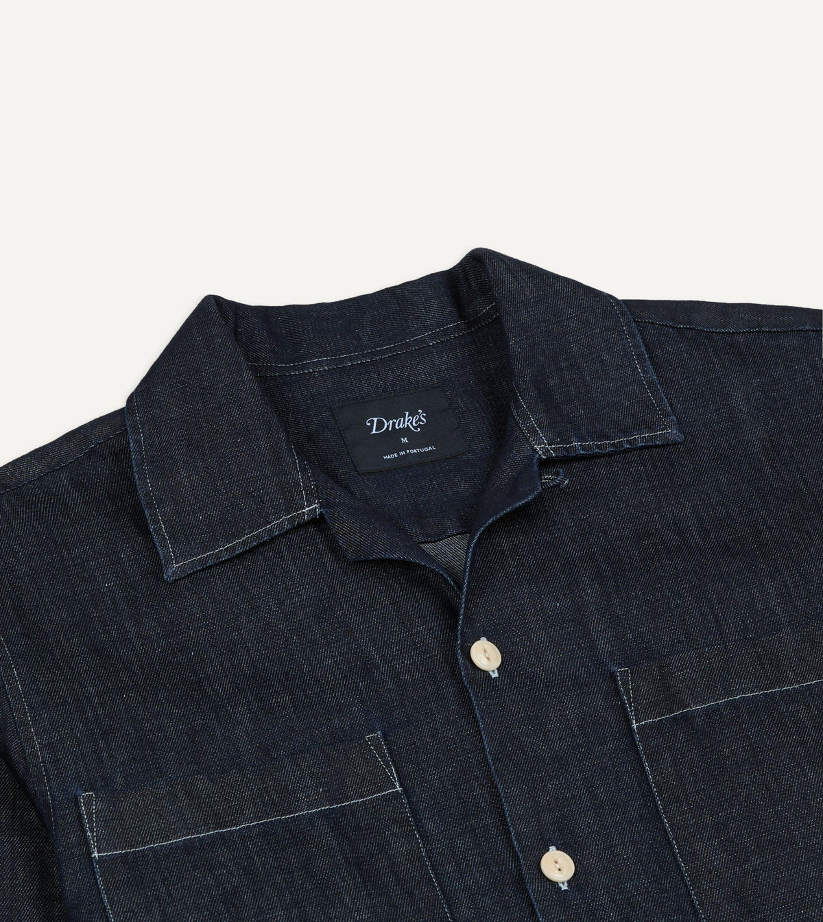 Drake's Navy Cotton-Hemp Denim Camp Collar Work Shirt