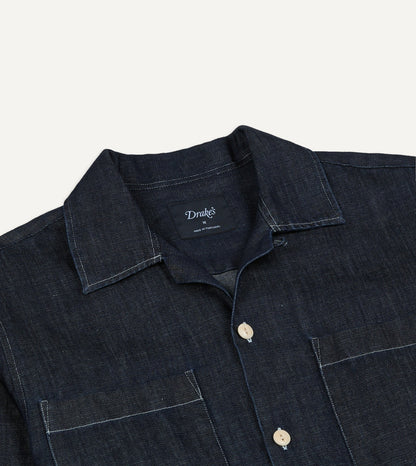 Drake's Navy Cotton-Hemp Denim Camp Collar Work Shirt