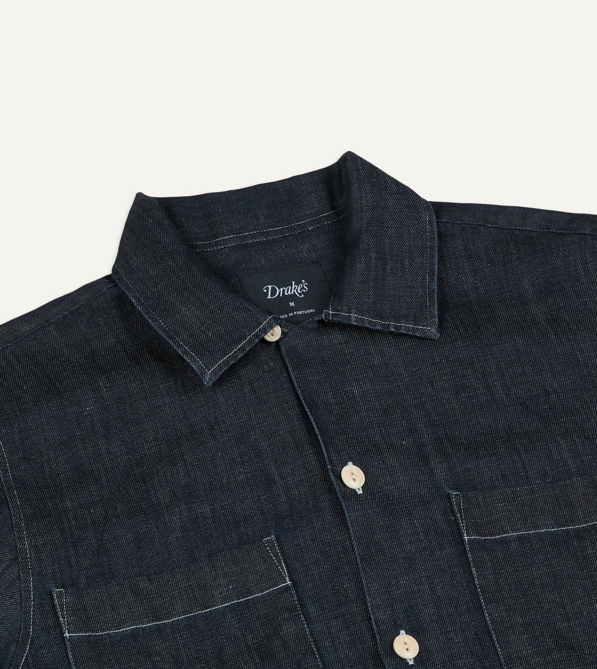 Drake's Navy Cotton-Hemp Denim Camp Collar Work Shirt