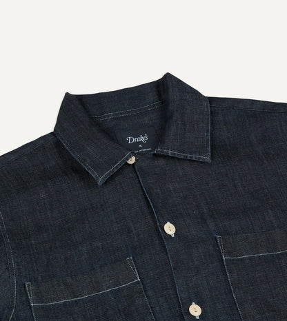 Drake's Navy Cotton-Hemp Denim Camp Collar Work Shirt