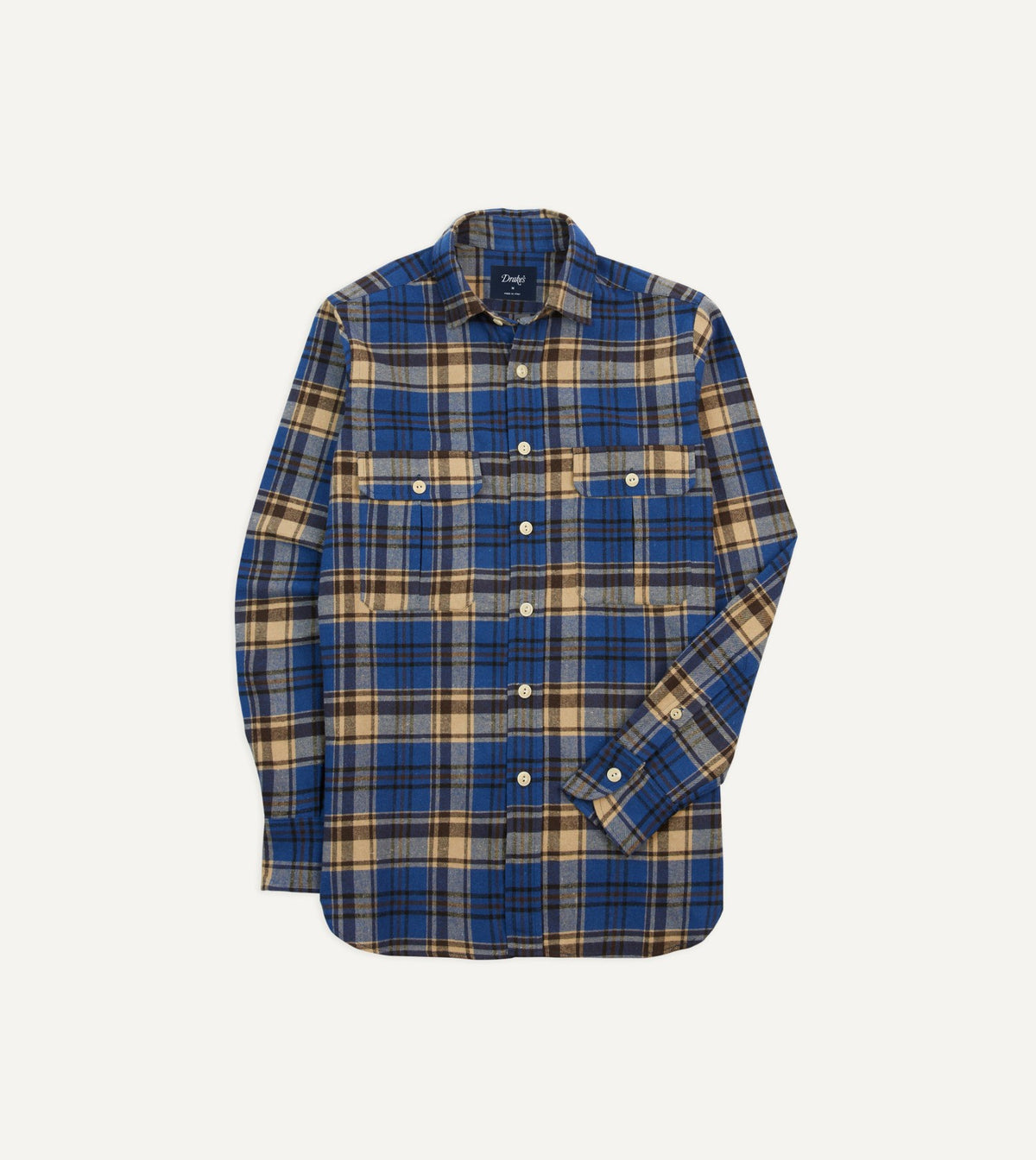 Drake's Blue and Ecru Check Brushed Cotton Two-Pocket Work Shirt