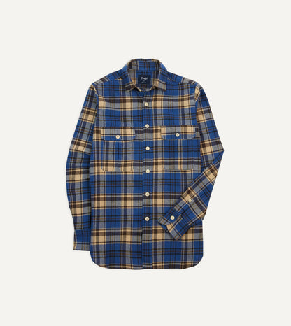 Drake's Blue and Ecru Check Brushed Cotton Two-Pocket Work Shirt