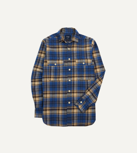 Drake's Blue and Ecru Check Brushed Cotton Two-Pocket Work Shirt