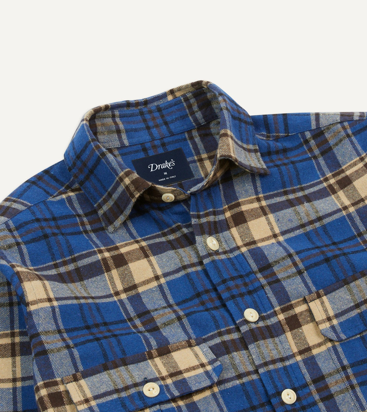 Drake's Blue and Ecru Check Brushed Cotton Two-Pocket Work Shirt